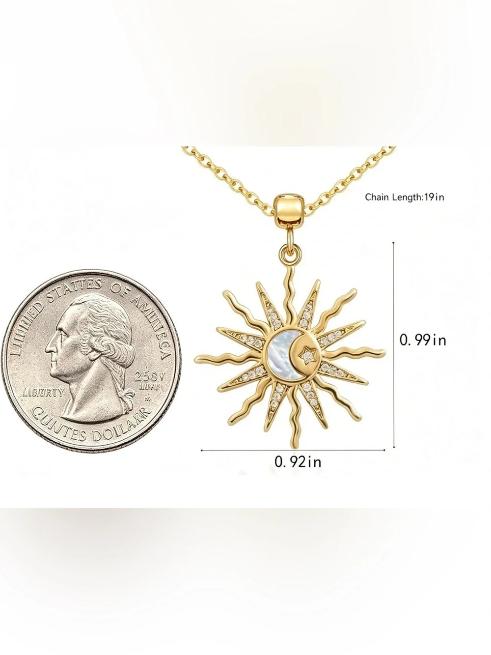 Celestial 14K Gold Plated Sun & Moon Pendant Necklace with Mother of Pearl